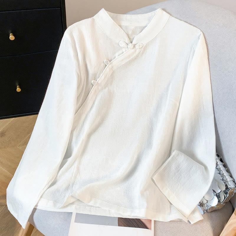 Camisa de algodón de manga larga para mujer con cuello mandarín, botones de rana y estampado jacquard de Buddha Stones para desplazamientos - Blanco - US8-10，UK/AU12-14，EU40-42 (2XL) - image 10