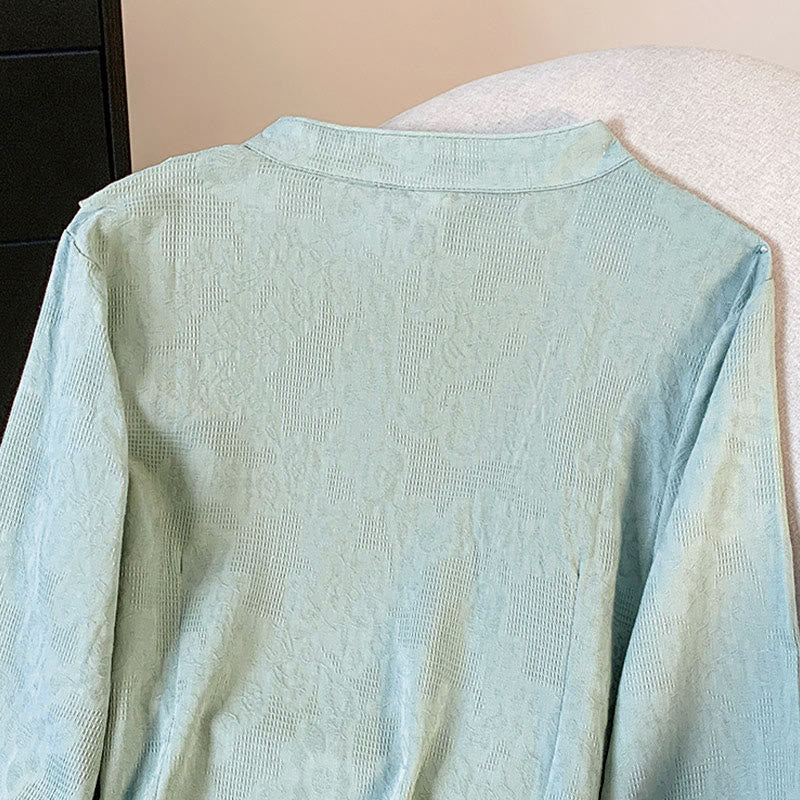 Camisa de algodón de manga larga para mujer con cuello mandarín, botones de rana y estampado jacquard de Buddha Stones para desplazamientos - image 4