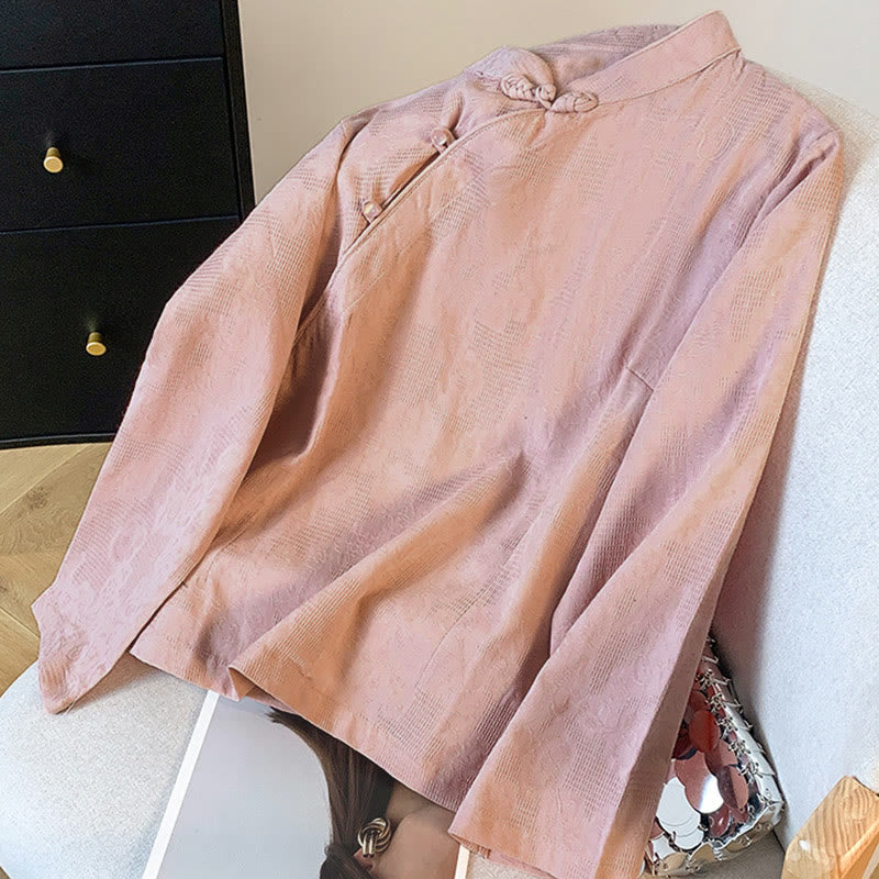 Camisa de manga larga para mujer con cuello mandarín, jacquard y botones chinos con diseño de piedras de Buda y estampado de Buddha Stones. - image 22