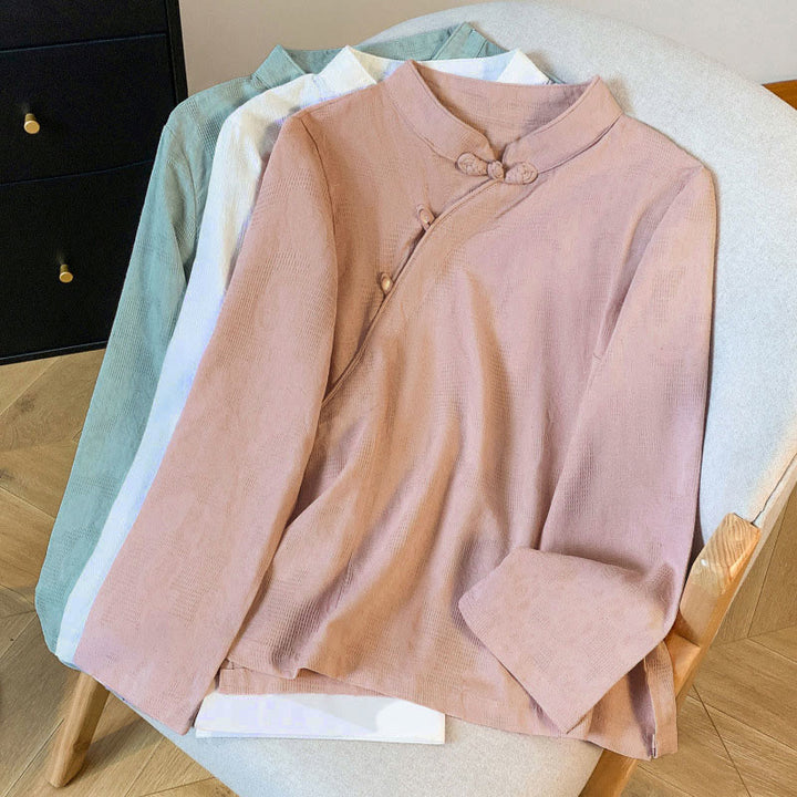 Camisa de algodón de manga larga para mujer con cuello mandarín, jacquard y botones chinos Buddha Stones Commute - image 29