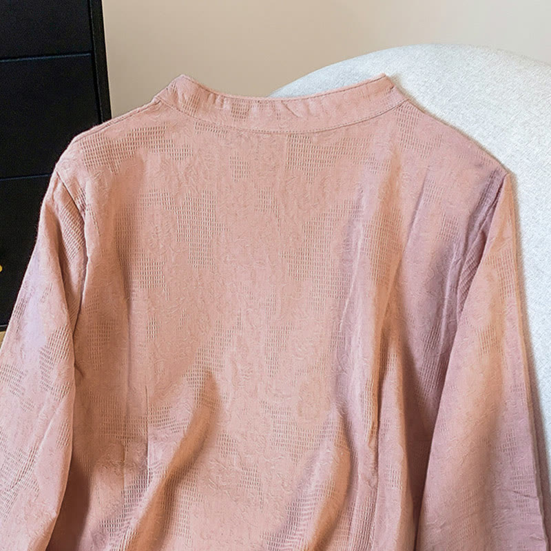 Camisa de algodón de manga larga para mujer con cuello mandarín, jacquard y botones chinos Buddha Stones Commute - image 24