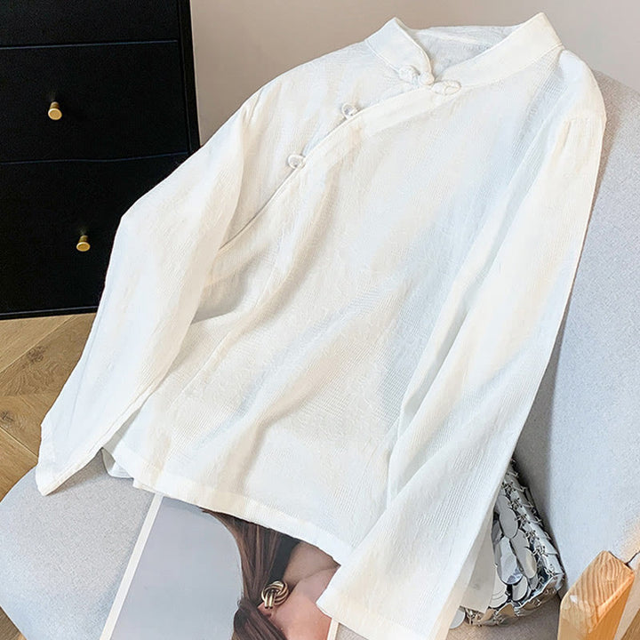 Camisa de algodón de manga larga para mujer con cuello mandarín, botones de rana y estampado jacquard de Buddha Stones para desplazamientos - image 12