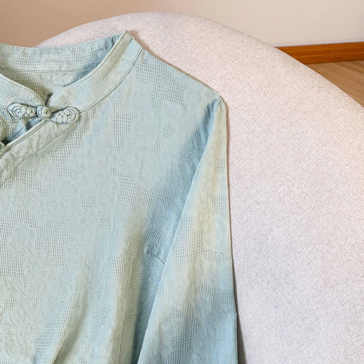 Camisa de manga larga para mujer con cuello mandarín, jacquard y botones chinos con diseño de piedras de Buda y estampado de Buddha Stones. - image 6