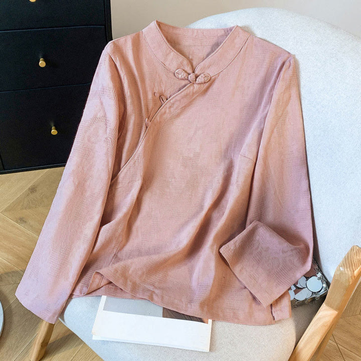 Camisa de algodón de manga larga para mujer con cuello mandarín, botones de rana y estampado jacquard de Buddha Stones para desplazamientos - Salmón oscuro - US8-10，UK/AU12-14，EU40-42 (2XL) - image 20