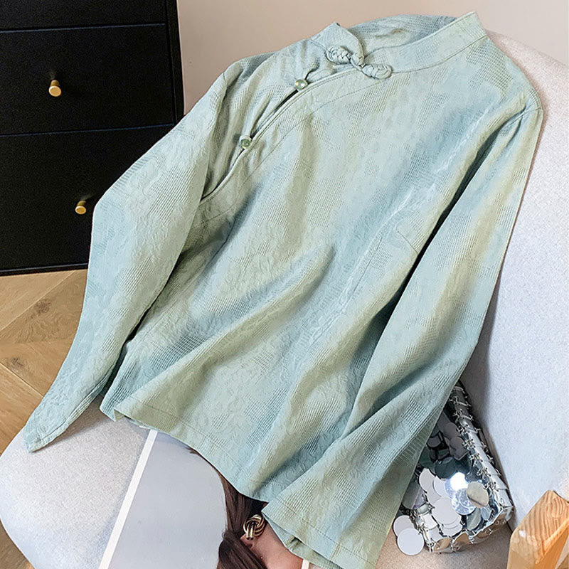 Camisa de algodón de manga larga para mujer con cuello mandarín, jacquard y botones chinos Buddha Stones Commute - image 2