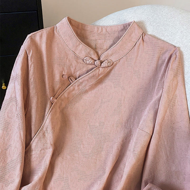 Camisa de algodón de manga larga para mujer con cuello mandarín, jacquard y botones chinos Buddha Stones Commute - image 23