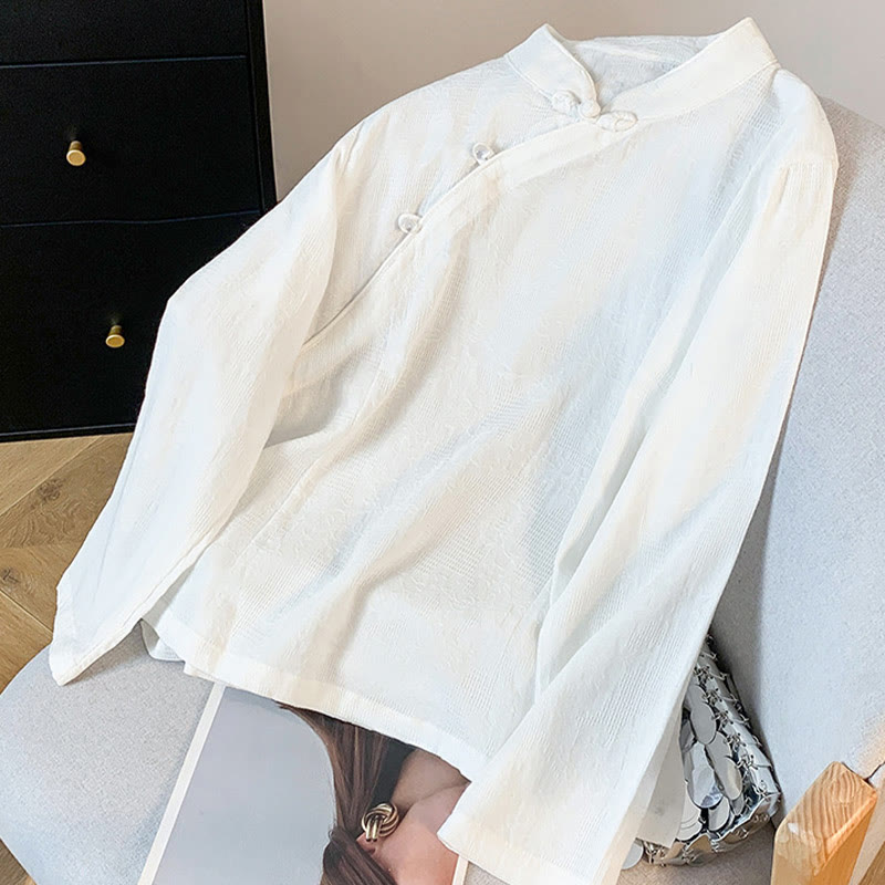 Camisa de manga larga para mujer con cuello mandarín, jacquard y botones chinos con diseño de piedras de Buda y estampado de Buddha Stones. - image 12