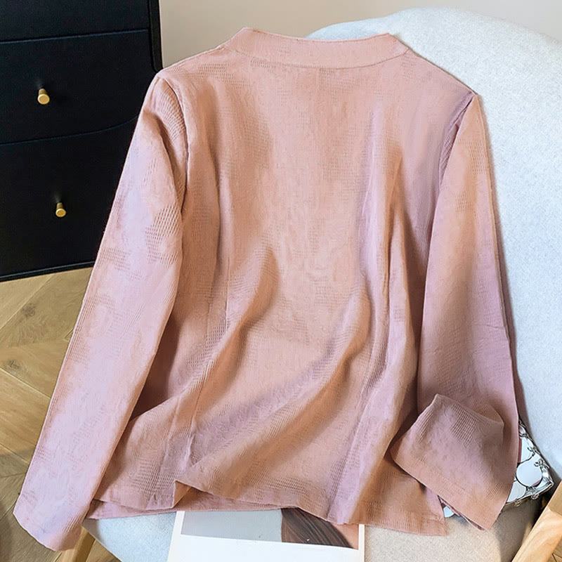 Camisa de algodón de manga larga para mujer con cuello mandarín, botones de rana y estampado jacquard de Buddha Stones para desplazamientos - image 21