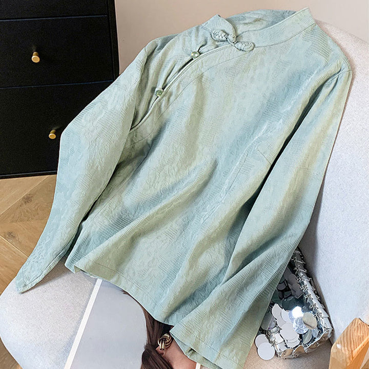 Camisa de algodón de manga larga para mujer con cuello mandarín, botones de rana y estampado jacquard de Buddha Stones para desplazamientos - image 2