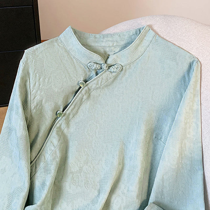 Camisa de algodón de manga larga para mujer con cuello mandarín, jacquard y botones chinos Buddha Stones Commute - image 3
