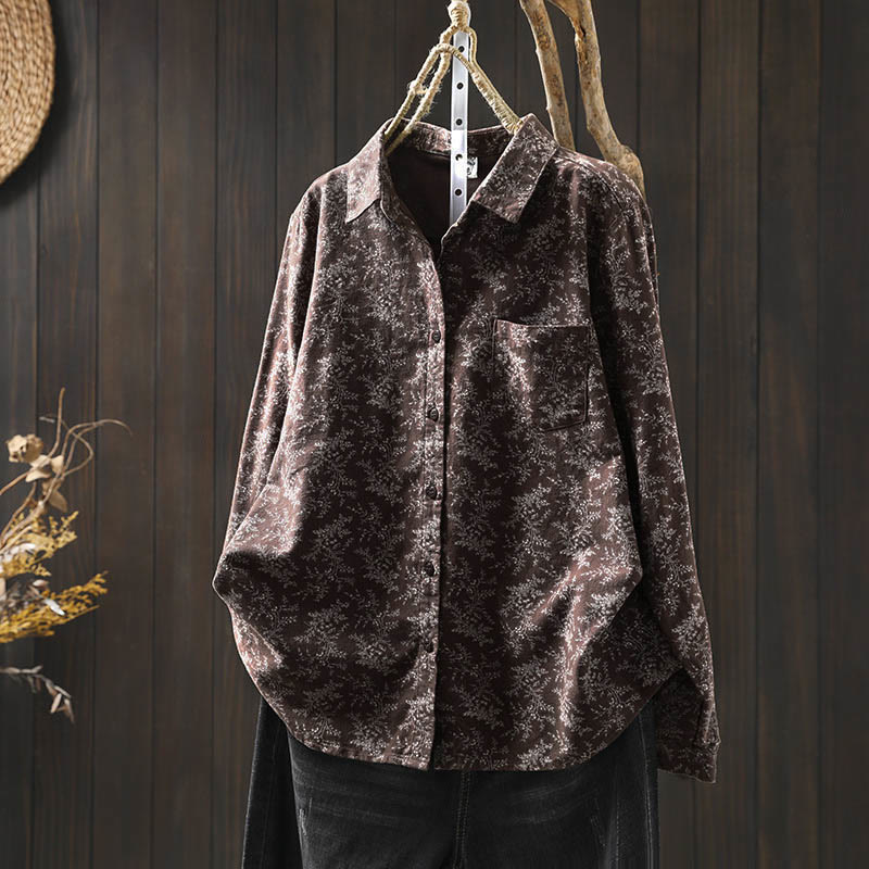 Camisa de manga larga de algodón para mujer con botones y diseño floral otoñal con Buddha Stones - Tierra de siena - US6, UK/AU10, EU38 (L) - image 10