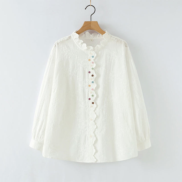 Camisa de manga larga de algodón para mujer con cuello con volantes, botones florales bordados en relieve y estampado de Buddha Stones. - Blanco - US6, UK/AU10, EU38 (L) - image 2