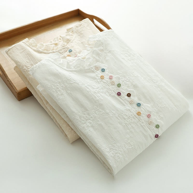 Camisa de manga larga de algodón para mujer con cuello con volantes, botones florales bordados en relieve y estampado de Buddha Stones. - image 14