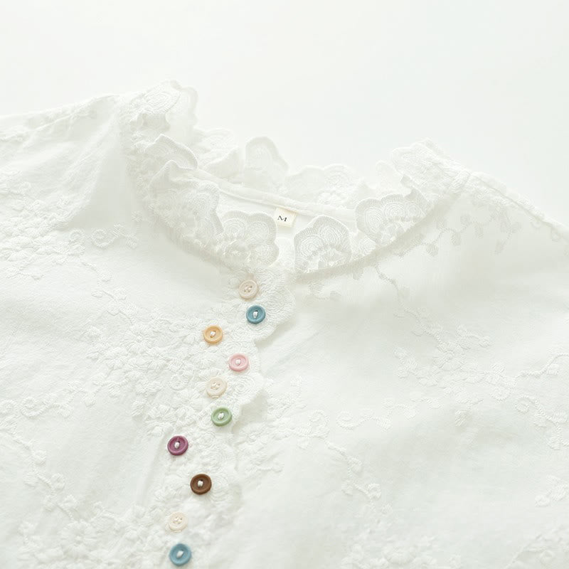 Camisa de manga larga de algodón para mujer con cuello con volantes, botones florales bordados en relieve y estampado de Buddha Stones. - image 5