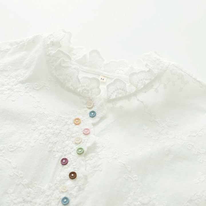 Camisa de manga larga de algodón para mujer con cuello con volantes, botones florales bordados en relieve y estampado de Buddha Stones. - image 5