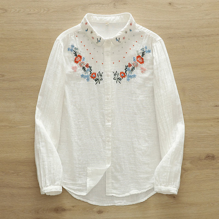 Camisa de manga larga de algodón para mujer con botones bordados florales coloridos y Buddha Stones en blanco otoñal - image 1