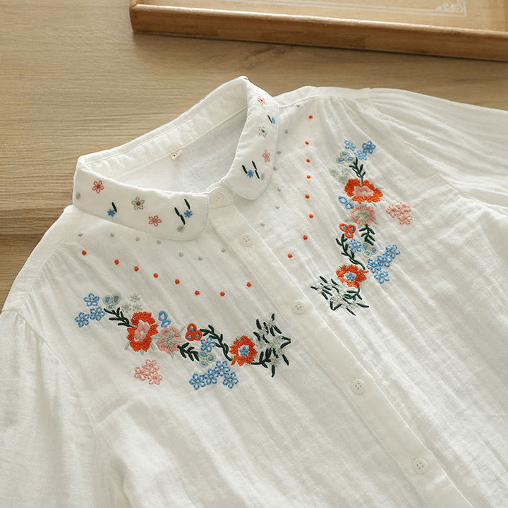 Camisa de manga larga de algodón para mujer con botones bordados florales coloridos y Buddha Stones en blanco otoñal - Blanco - US6, UK/AU10, EU38 (L) - image 0