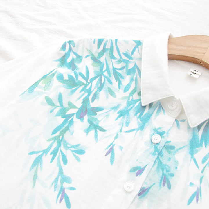 Camisa de manga larga de algodón para mujer con botones de hierba verde y blanco con Buddha Stones y estampado otoñal - image 8