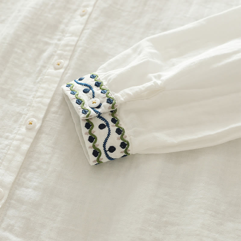 Camisa de manga larga de algodón para mujer con botones bordados geométricos blancos y Buddha Stones ( otoño) - image 8