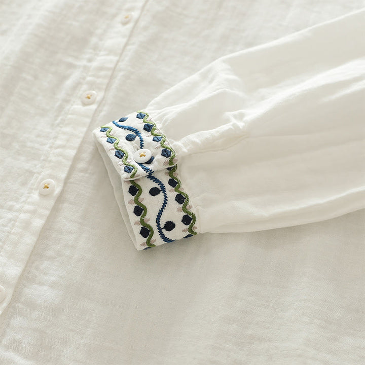Camisa de manga larga de algodón para mujer con botones bordados geométricos blancos y Buddha Stones ( otoño) - image 8
