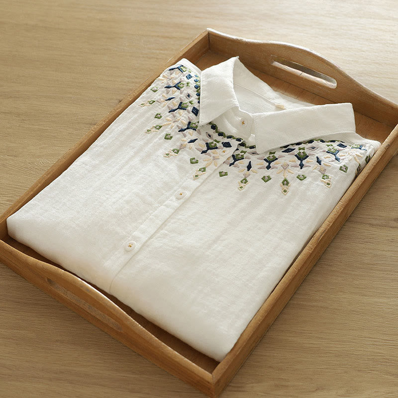 Camisa de manga larga de algodón para mujer con botones bordados geométricos blancos y Buddha Stones ( otoño) - image 5