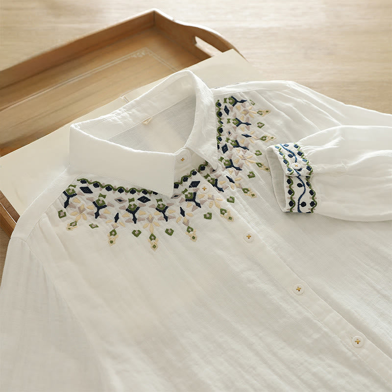 Camisa de manga larga de algodón para mujer con botones bordados geométricos blancos y Buddha Stones ( otoño) - Blanco - US4，UK/AU8，EU36 (L) - image 0