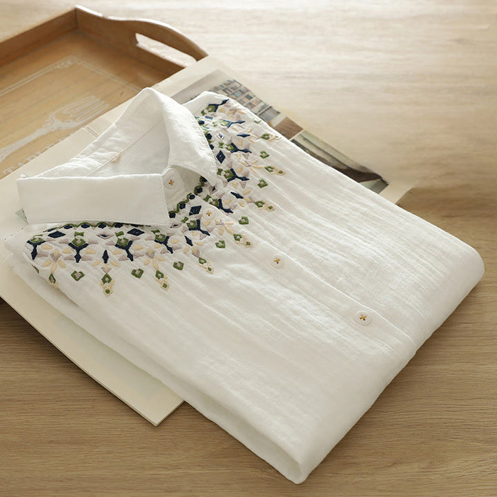 Camisa de manga larga de algodón para mujer con botones bordados geométricos blancos y Buddha Stones ( otoño) - image 3