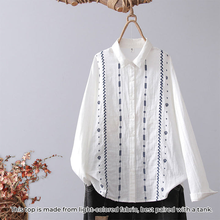 Camisa de manga larga de algodón para mujer con bordado de flores a rayas geométricas blancas y Buddha Stones) - Geométrico de rayas blancas - US4，UK/AU8，EU36 (L) - image 10