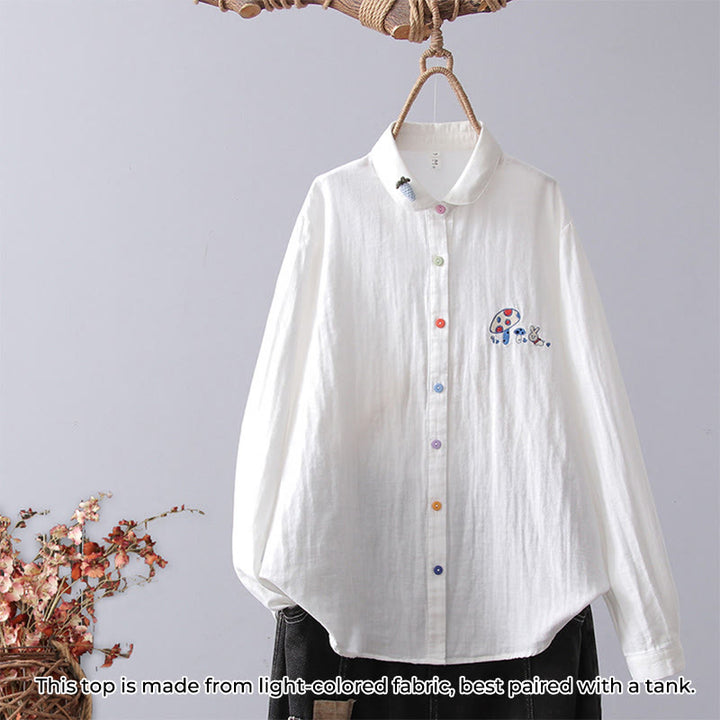 Camisa de manga larga de algodón para mujer con bordado de flores a rayas geométricas blancas y Buddha Stones) - Hongo blanco - US4，UK/AU8，EU36 (L) - image 11