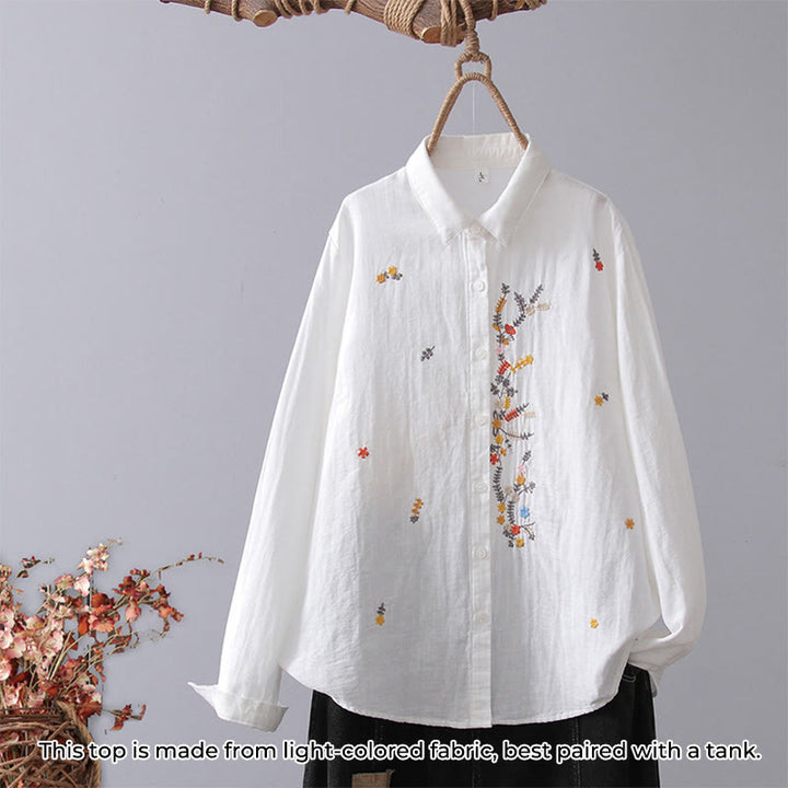Camisa de manga larga de algodón para mujer con bordado de flores a rayas geométricas blancas y Buddha Stones) - Flor blanca amarilla - US4，UK/AU8，EU36 (L) - image 13