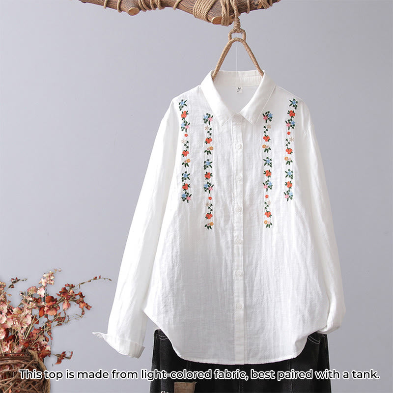 Camisa de manga larga de algodón para mujer con bordado de flores a rayas geométricas blancas y Buddha Stones) - Flor blanca y roja - US4，UK/AU8，EU36 (L) - image 14
