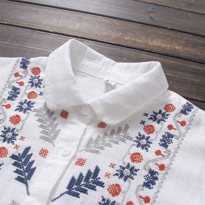 Camisa de manga larga de algodón para mujer con bordado de flores a rayas geométricas blancas y Buddha Stones) - image 2
