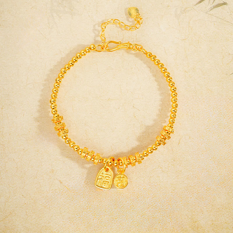 Pulsera de la suerte con el personaje Fu en latón chapado en oro de 24k con Buddha Stones y dije de bendición - image 2