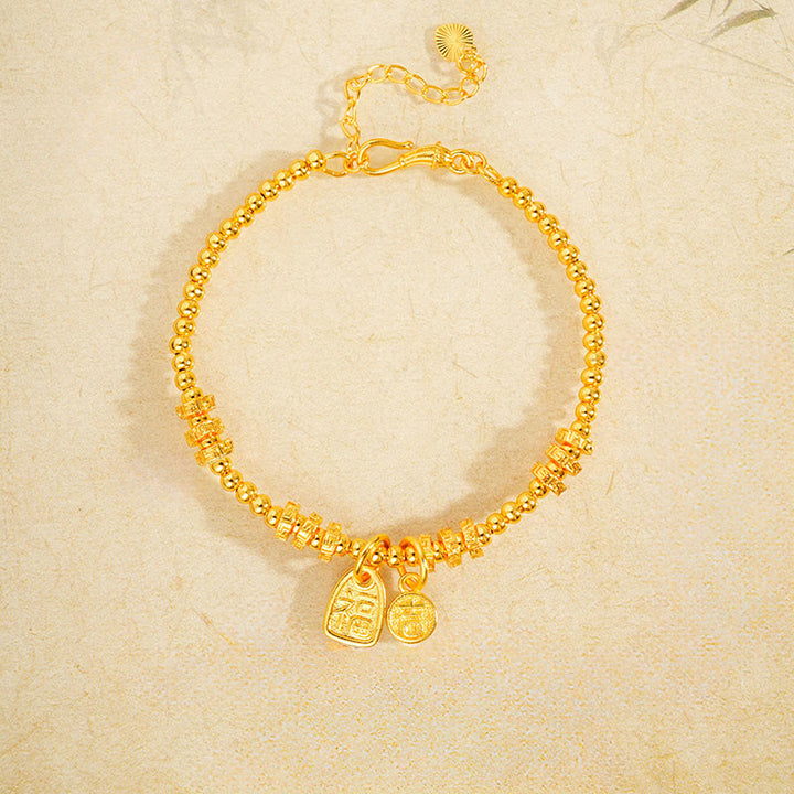 Pulsera de la suerte con el personaje Fu en latón chapado en oro de 24k con Buddha Stones y dije de bendición - image 2