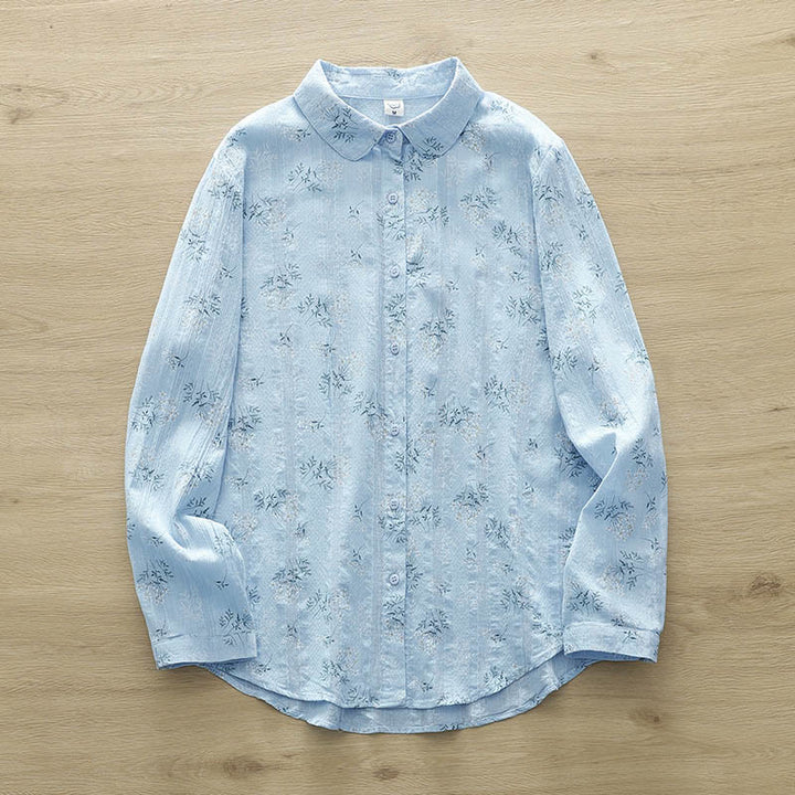 Camisa de manga larga de algodón para mujer con estampado de Buddha Stones, flores blancas y amarillas, hojas verdes y botones. - Azul celeste claro - US6，UK/AU10，EU38 (XL) - image 12
