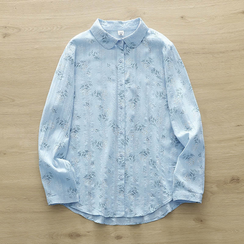Camisa de manga larga de algodón para mujer con estampado de Buddha Stones, flores blancas y amarillas, hojas verdes y botones. - Azul cielo claro - US6，UK/AU10，EU38 (XL) - image 12