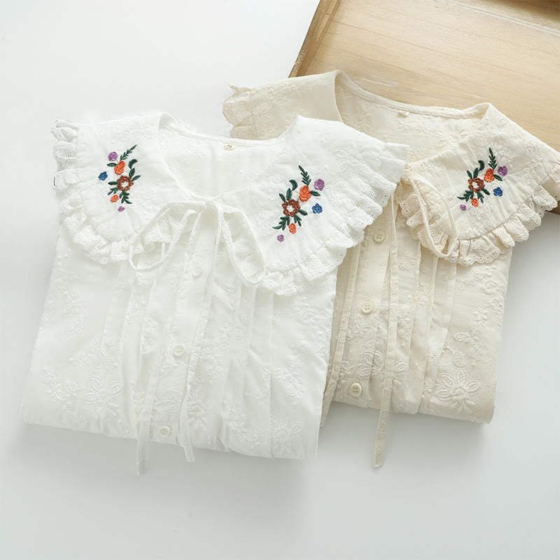 Camisa de manga larga de algodón para mujer con bordado floral blanco otoñal de Buddha Stones y cuello Peter Pan con botones. - image 11