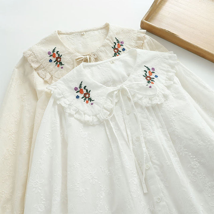 Camisa de manga larga de algodón para mujer con bordado floral blanco otoñal de Buddha Stones y cuello Peter Pan con botones. - image 12