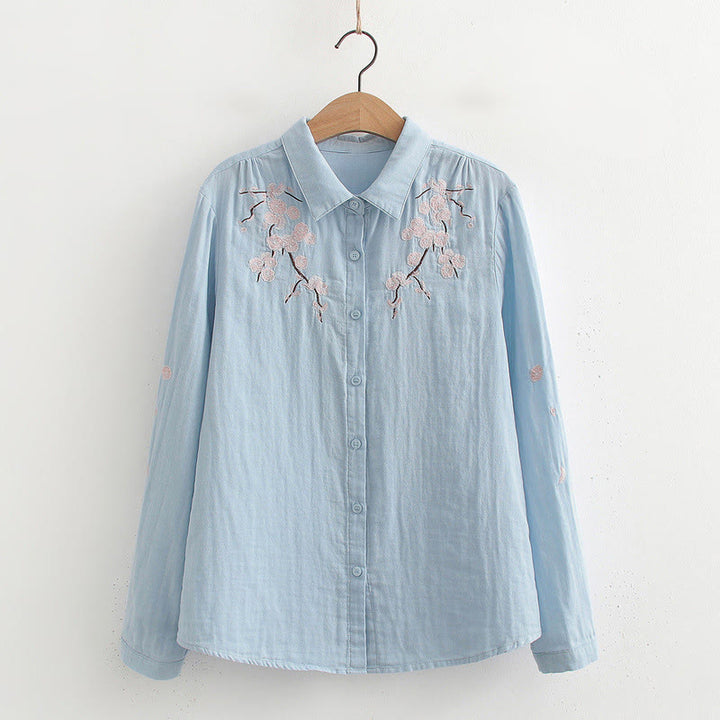 Camisa de manga larga de algodón para mujer con botones bordados de flores de ciruelo rosa otoñal y Buddha Stones - Azul claro - US6，UK/AU10，EU38 (XL) - image 0