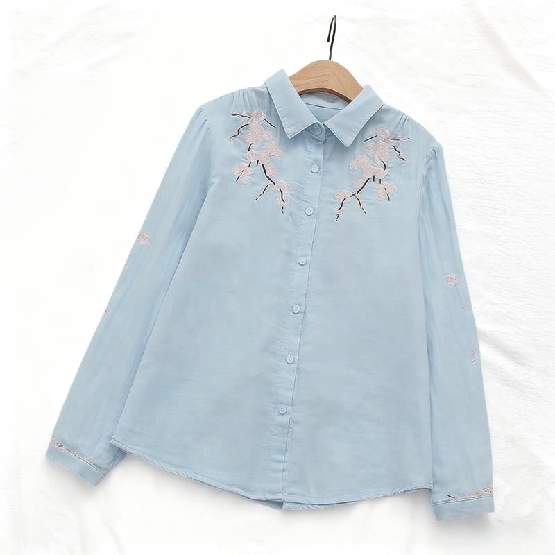Camisa de manga larga de algodón para mujer con botones bordados de flores de ciruelo rosa otoñal y Buddha Stones - image 1