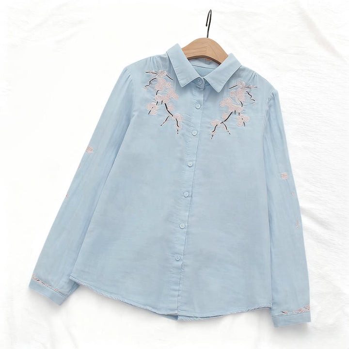 Camisa de manga larga de algodón para mujer con botones bordados de flores de ciruelo rosa otoñal y Buddha Stones - image 1