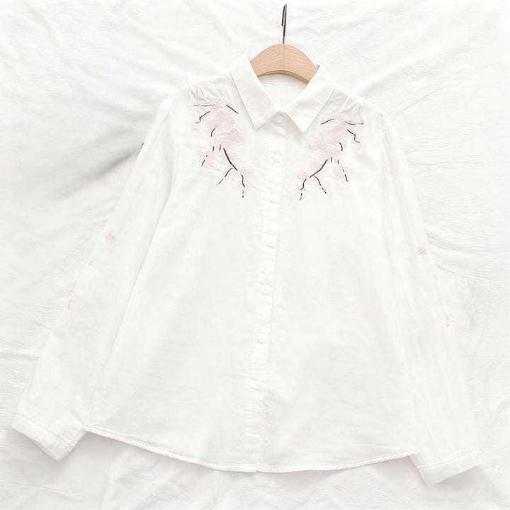 Camisa de manga larga de algodón para mujer con botones bordados de flores de ciruelo rosa otoñal y Buddha Stones - image 5