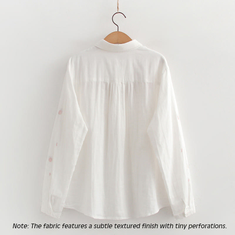 Camisa de manga larga de algodón para mujer con botones bordados de flores de ciruelo rosa otoñal y Buddha Stones - image 4
