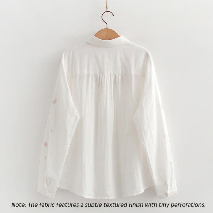 Camisa de manga larga de algodón para mujer con botones bordados de flores de ciruelo rosa otoñal y Buddha Stones - image 4