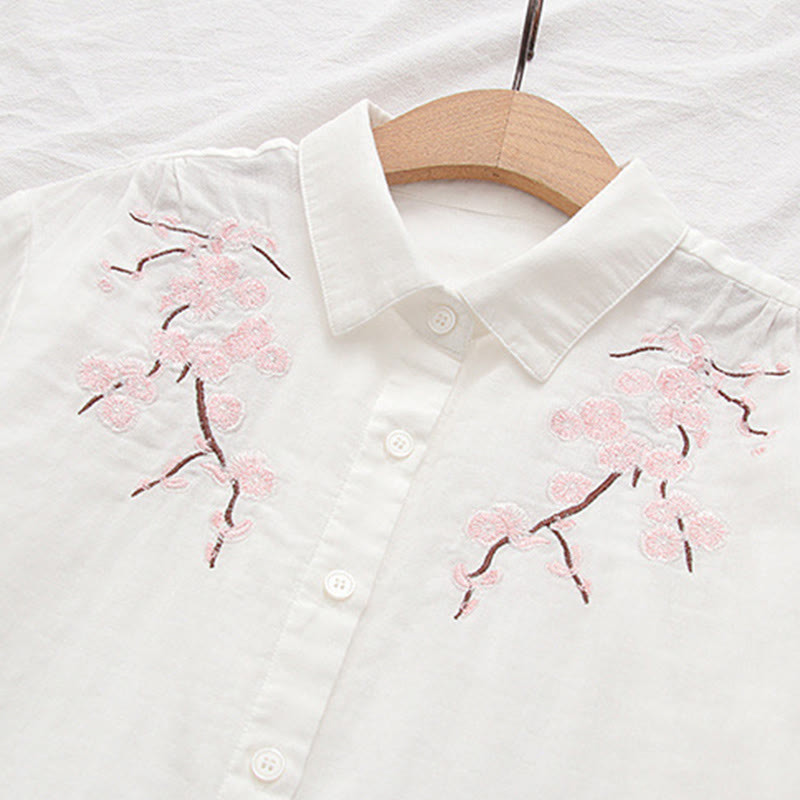 Camisa de manga larga de algodón para mujer con botones bordados de flores de ciruelo rosa otoñal y Buddha Stones - image 7