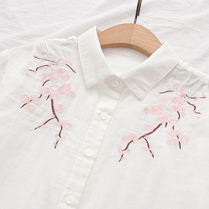 Camisa de manga larga de algodón para mujer con botones bordados de flores de ciruelo rosa otoñal y Buddha Stones - image 7