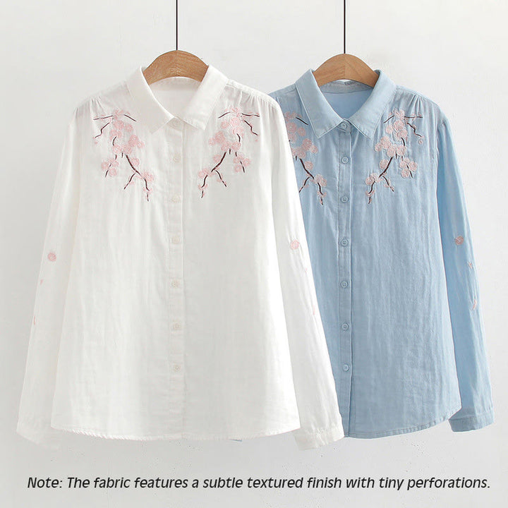 Camisa de manga larga de algodón para mujer con botones bordados de flores de ciruelo rosa otoñal y Buddha Stones - image 2