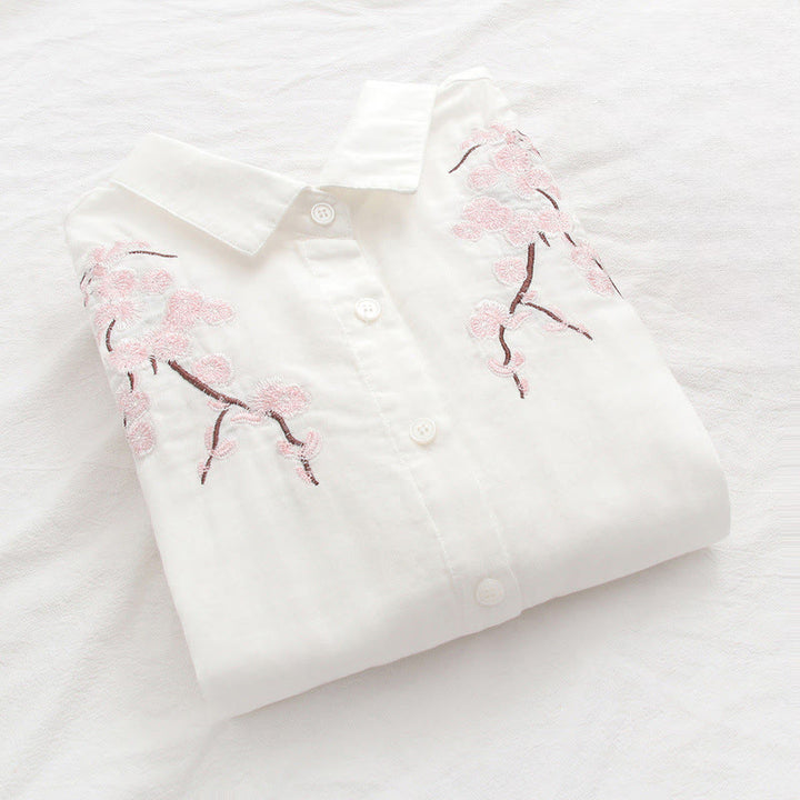 Camisa de manga larga de algodón para mujer con botones bordados de flores de ciruelo rosa otoñal y Buddha Stones - image 6