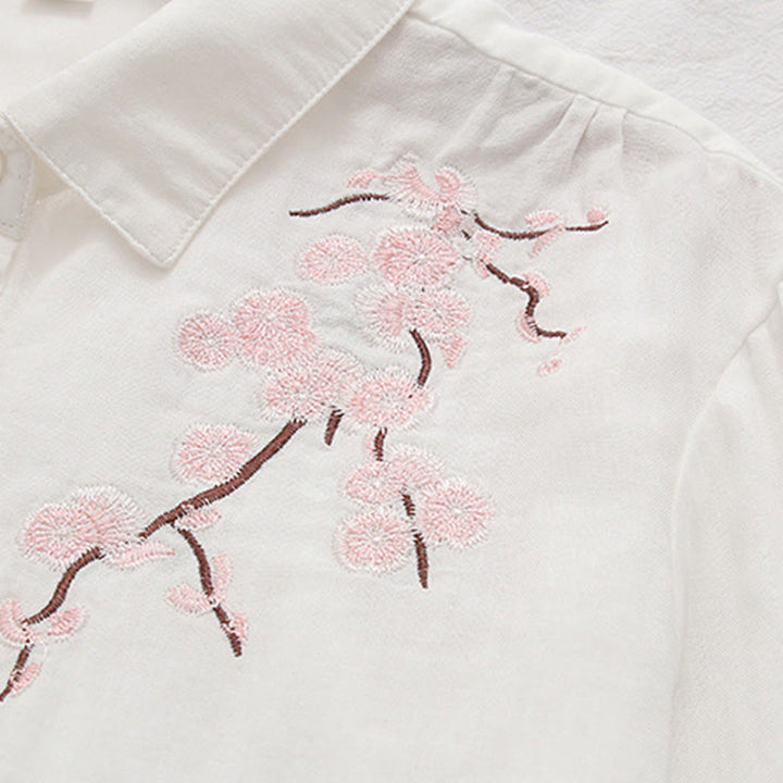Camisa de manga larga de algodón para mujer con botones bordados de flores de ciruelo rosa otoñal y Buddha Stones - image 9