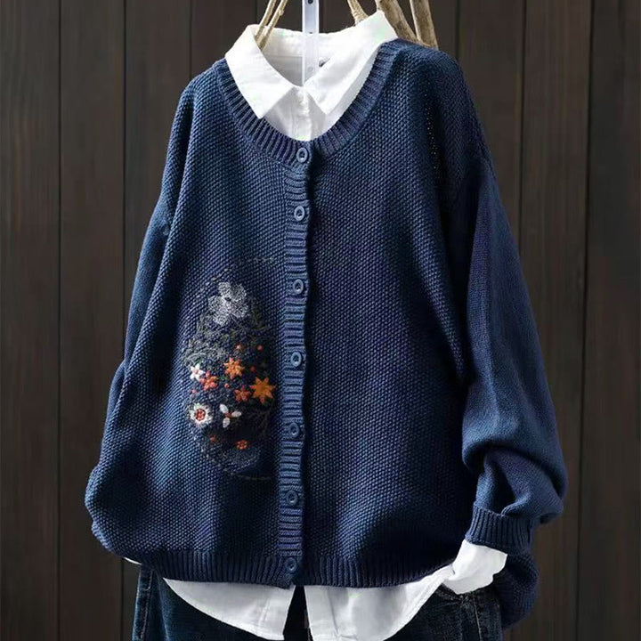 Cárdigan de punto de manga larga para mujer, de algodón, con botones bordados florales y Buddha Stones. - Azul acero - US4-6, UK/AU8-10, EU36-38 (F) - image 0